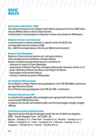 Attivazione di Business: 20CV
Sei attivo nel business per 30 giorni dall’ultimo acquisto di minmo 20CV fatto
dal tuo Affiliate Store o dal tuo Stock Center.
L’attivazione ti fa partecipare al Pay plan in base al tuo livello di affiliazione.
Volume minimo di commissione
Le commissioni saranno calcolate in volumi minimi di 40 CV, che
corrisponderanno ad un bonus di $8.
(es.: 400 CV corrispondono a 10 cicli, per $80 di commissioni)
Diventa Team Developer
Realizza 1 brick nel team destro ed 1 nel team sinistro,
fatto completamente di Master o Power Master.
Questo semplice quanto basico passo ti consente di:
- ottenere lo status di Team Developer
- partecipare al Master Pay Plan completo sbloccando i business center 2 e 3
- poter richiedere il Dream Car Bonus ed il Super Car Bonus
- partecipare al Generation Bonus
- iniziare a mettere da parte il Money Box
Commission CAP personale
Se sei Master o Power Master puoi guadagnare max TVC $50.000 a settimana
per ogni Business Center.
Se sei Partner puoi guadagnare max TVC $2.500 a settimana.
Network Commission CAP
Le commissioni pagabili dalla compagnia per ogni periodo hanno un limite
massimo del 50% del fatturato.
L’importo che eccede sarà dedotto dalle commissioni pagate ad ogni singolo
affiliato.
Commission period expiration time
Ogni Commission Period chiude ogni lunedì alle ore 24:00 di Los Angeles.
(PDT - Pacific Daylight Time - UCT/GMT -8).
Bogota – Tuesday 2 a.m. / New York – Tuesday 3 a.m. /Brasilia – Tuesday 4 a.m. /
Madrid – Tuesday 9 a.m. / Paris – Tuesday 9 a.m. / Moscow – Tuesday 11 a.m. /
Singapore – Tuesday 3 p.m. / Kuwait - Tuesday 10 a.m.
BASIC
RULES
24
 