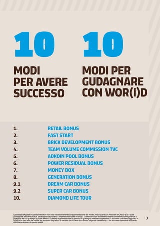 10MODI
PER AVERE
SUCCESSO
MODI PER
GUDAGNARE
CON WOR(l)D
1.
2.
3.
4.
5.
6.
7.
8.
9.1
9.2
10.
RETAIL BONUS
FAST START
BRICK DEVELOPMENT BONUS
TEAM VOLUME COMMISSION TVC
ADKOIN POOL BONUS
POWER RESIDUAL BONUS
MONEY BOX
GENERATION BONUS
DREAM CAR BONUS
SUPER CAR BONUS
DIAMOND LIFE TOUR
10
I guadagni raffigurati in questa letteratura non sono necessariamente la rappresentazione del reddito, ma di quanto un Associato WOR(l)D può o potrà
guadagnare attraverso la sua partecipazione al Piano Compensazione della WOR(l)D. Queste cifre non dovrebbero essere considerate come garanzie o
proiezioni dei tuoi guadagni o profitti effettivi. Qualsiasi rappresentazione o garanzia di guadagno sarebbero ingannevoli. Il successo che viene raggiunto in
WOR(l)D e dato solo dai risultati del successo degli sforzi di vendita, che richiede duro lavoro, diligenza e leadership. Il tuo successo dipenderà da quanto
effettivamente eserciti queste qualità.
3
 