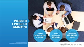PROPRI
CENTRI DI RICERCA
E SVILUPPO
IDEE E
TECNOLOGIE
BREVETTATE
PRODUZIONE
NEGLI IMPIANTI
WOR(l)D
Questo è un documento ufficiale di WOR(l)D Global Network.
È fatto assoluto divieto di modifica o copia non autorizzata di tale documento.
È altresì consentito stampare, scaricare e riprodurre liberamente tale documento a fini promozionali.
	PRODOTTI
E PROGETTI
INNOVATIVI
 