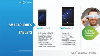 WOR(l)D PHONE4 WOR(l)D MINITAB
•	5″ HD Display 1280x720
•	Android Jelly Bean 4.2
•	ULTRA SLIM 6.5 MM
•	1.6 GHz Quadcore CPU
•	Dual sim slots
•	SUPER HD CAMERA
•	13.0 MP Back camera
•	5.0 MP Front video recorder
•	Display 7,8″
•	CPU: MTK8389
•	Quad Core 1.2 Ghz
•	Android 4.2
•	ROM 16 GB/ RAM 1 GB
•	Camera 2.0 MP front
•	Camera 5.0 MP back
IL FUTURO:
LE TECNOLOGIE
WEARABLE
Questo è un documento ufficiale di WOR(l)D Global Network.
È fatto assoluto divieto di modifica o copia non autorizzata di tale documento.
È altresì consentito stampare, scaricare e riprodurre liberamente tale documento a fini promozionali.
SMARTPHONES
TABLETS
 