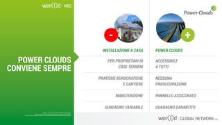 PER PROPRIETARI DI
CASE TERRENI
PRATICHE BUROCRATICHE
E CANTIERE
MANUTENZIONE
GUADAGNO VARIABILE
INSTALLAZIONE A CASA
ACCESSIBILE
A TUTTI
NESSUNA
PREOCCUPAZIONE
PANNELLO ASSICURATO
GUADAGNO GARANTITO
POWER CLOUDS
- +
Questo è un documento ufficiale di WOR(l)D Global Network.
È fatto assoluto divieto di modifica o copia non autorizzata di tale documento.
È altresì consentito stampare, scaricare e riprodurre liberamente tale documento a fini promozionali.
POWER CLOUDS
CONVIENE SEMPRE
Questo è un documento ufficiale di WOR(l)D Global Network.
È fatto assoluto divieto di modifica o copia non autorizzata di tale documento.
È altresì consentito stampare, scaricare e riprodurre liberamente tale documento a fini promozionali.
 