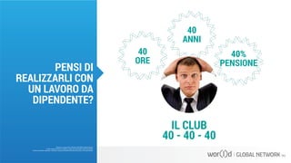 40
ORE
40
ANNI
40%
PENSIONE
IL CLUB
40 - 40 - 40
Questo è un documento ufficiale di WOR(l)D Global Network.
È fatto assoluto divieto di modifica o copia non autorizzata di tale documento.
È altresì consentito stampare, scaricare e riprodurre liberamente tale documento a fini promozionali.
PENSI DI
REALIZZARLI CON
UN LAVORO DA
DIPENDENTE?
 