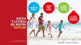 + + =
10
INNOVATIVI
BONUS
ADKOIN
POOL
BONUS
POWER
RESIDUAL
VOLUME
IL VERO
GUADAGNO
RESIDUALE
Questo è un documento ufficiale di WOR(l)D Global Network.
È fatto assoluto divieto di modifica o copia non autorizzata di tale documento.
È altresì consentito stampare, scaricare e riprodurre liberamente tale documento a fini promozionali.
QUESTA
È LA FORZA
DEL NOSTRO
PAYPLAN!
Questo è un documento ufficiale di WOR(l)D Global Network.
È fatto assoluto divieto di modifica o copia non autorizzata di tale documento.
È altresì consentito stampare, scaricare e riprodurre liberamente tale documento a fini promozionali.
 