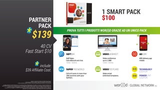 SOFTSIM
VoIP Apps.
Call,videocall and chat.
mobile / desktop
SUPERFREEWORLD
Call at 0 cents in more than
100 countries with your
SoftSim.
VIDEOWEBMEET
Video conference
up to 1.000
mobile / desktop
VIDEOPOSTCARD
Video email.
Unlimited templates.
ADKOIN
ADV delivery app
mobile
TECHNOLOGY
COUPON
POWERUNIT
COUPON
1 SMART PACK
$100
PROVA TUTTI I PRODOTTI WOR(l)D GRAZIE AD UN UNICO PACK
Questo è un documento ufficiale di WOR(l)D Global Network.
È fatto assoluto divieto di modifica o copia non autorizzata di tale documento.
È altresì consentito stampare, scaricare e riprodurre liberamente tale documento a fini promozionali.
PARTNER
PACK
$139
40 CV
Fast Start $10
include:
$39 Afﬁliate Cost.
I guadagni raffigurati in questa letteratura non sono necessariamente la rappresentazione del reddito, ma di quanto un Associato WOR(l)D può o
potrà guadagnare attraverso la sua partecipazione al Piano Compensazione della WOR(l)D. Queste cifre non dovrebbero essere considerate come
garanzie o proiezioni dei tuoi guadagni o profitti effettivi. Qualsiasi rappresentazione o garanzia di guadagno sarebbero ingannevoli.
Il successo che viene raggiunto in WOR(l)D e dato solo dai risultati del successo degli sforzi di vendita, che richiede duro lavoro, diligenza e
leadership. Il tuo successo dipenderà da quanto effettivamente eserciti queste qualità.
Questo è un documento ufficiale di WOR(l)D Global Network.
È fatto assoluto divieto di modifica o copia non autorizzata di tale documento.
È altresì consentito stampare, scaricare e riprodurre liberamente tale documento a fini promozionali.
 