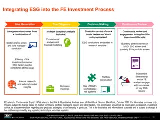 Integrating ESG into the FE Investment Process
Idea generation comes from
a combination of:
Sector analyst views
and fund manager
conviction
Filtering of the
investment universe;
ESG factors can be
considered at this stage
Internal research
and external market
insights
In-depth company analysis
includes:
Team discussion of stock
under review and stock
rating appraised:
Continuous review and
engagement throughout the
investment lifecycle:
Fundamental
analysis and
financial modelling
Company
meetings
Use of RQA’s
sophisticated
risk systems
Portfolio
construction
ESG conclusions embedded in
research template
Quarterly portfolio review of
MSCI ESG scores and
quarterly Ethix portfolio screen
Investment
Stewardship
and/or FE
analysts engage
with companies
on key ESG
issues
Idea Generation Due Diligence Decision Making Continuous Review
10
FE refers to “Fundamental Equity”. RQA refers to the Risk & Quantitative Analysis team of BlackRock. Source: BlackRock, October 2023. For illustrative purposes only.
Process subject to change based on market conditions, portfolio manager's opinion and other factors. This information should not be relied upon as research, investment
advice, or a recommendation regarding any products, strategies, or any security in particular. This is for illustrative and informational purposes and is subject to change. It
has not been approved by any regulatory authority or securities regulator.
FOR PROFESSIONAL CLIENTS, QUALIFIED INVESTORS AND QUALIFIED CLIENTS ONLY/
FOR PROFESSIONAL, INSTITUTIONAL, ACCREDITED INVESTORS AND EXISTING SEA PROFESSIONAL INTERMEDIARIES ONLY
AEM1023E/M-3162256-8/45
 