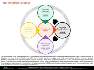 Our investment process
The environmental, social, and governance (“ESG”) considerations discussed herein may affect an investment team’s decision to invest in certain companies or
industries from time to time. Results may differ from portfolios that do not apply similar ESG considerations to their investment process.
BlackRock, 30 September 2023. ESG: Environmental, Social and Governance. RQA: Risk & Quantitative Analysis Team. Current process for selecting investments in the
portfolio is in accordance with its stated investment objective and policies. Process subject to change based on market conditions, portfolio manager's opinion and other factors.
Investment process subject to change and provided here for illustrative purposes only. ESG considerations are evaluated alongside a number of other considerations, and/or
would not be the sole consideration when making investment decisions.
7
FOR PROFESSIONAL CLIENTS, QUALIFIED INVESTORS AND QUALIFIED CLIENTS ONLY/
FOR PROFESSIONAL, INSTITUTIONAL, ACCREDITED INVESTORS AND EXISTING SEA PROFESSIONAL INTERMEDIARIES ONLY
Portfolio
Construction
Positioning
Active Risk
Oversight (RQA)
Investment
Ideas
Investment
Universe
Sector / Theme
Size / Liquidity
Top-down
Research
M acro-Economics
Commodities
Industries
Technologies
Bottom-up
Research
Investment reviews
Company meetings
Site visits
AEM1023E/M-3162256-5/45
 