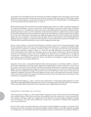 the question. The total height of each bar represents the number of people in the world, aged 15 and over (the
     population being surveyed), who give that score for their evaluation of life today. Because of the large number
     of countries covered, Figure 2.1 provides the broadest measure of the level and distribution of world happiness
     in the second half of the first decade of the 21st century.


     What do the data show? Over one-fourth of the world’s population give answers of 5, which is exactly the mid-point of
     the range of possibilities. In every country there are life evaluations covering the whole range of possible
     answers, from 0 to 10. The differences within each country reflect differing life circumstances and personalities,
     and perhaps whatever else was in the respondents’ minds when the question was asked. It has even been argued
     by some that individuals have their own personal set points for their happiness, as determined by their personali-
     ties. In this view, while good or bad experiences might push people away from their set points, they eventually
     adapt to the new circumstances, and revert to their set point. If this were generally true, the world distribution of
     happiness answers in Figure 2.1 could tell us little about the economic and social circumstances of people’s lives.
     It would reflect instead the distribution of more and less happy personality types.


     On the contrary, Figure 2.2 presents the distributions of answers in each of nine country groupings to show
     that life evaluations reflect much more than individual personality differences. Average life evaluations differ
     a great deal from continent to continent, as shown in Figure 2.2, and even more from the top to the bottom
     of the country rankings, as shown in Figure 2.3. There are very large differences in average life evaluations
     across world regions, with a difference exceeding 3 points on the 11-point scale between a group of industrial
     countries and sub-Saharan Africa. Even more striking is the ability of just a few differences in average life
     circumstances, including per capita incomes, healthy life expectancy, having friends to count on in times of
     need, having a sense of freedom to make life choices, and absence of corruption to explain almost all (more
     than 95%) of these inter-regional differences.


     Happiness, like income, is unequally distributed within and among nations. As is shown in Table 2.1, however,
     the variation of happiness across the world’s population is largely within countries, while this is much less so
     for incomes. Thus 42% of the worldwide variation in log of household incomes is between countries, much
     higher than the corresponding percentages for subjective well-being, which are 22% for the Gallup World Poll
     ladder and 7% for happiness yesterday. The primary reason for the difference is that income is but one of the
     supports for happiness, and most of the other supports are much more evenly spread across countries. However,
     some of the economically poorest regions and countries also have lower trust and weaker social relations, both
     of which have strong links to happiness.


     Also apparent from Figures 2.1 and 2.2 is that in every region there is a broad range of life evaluations. To some
     extent these simply reflect different personality types.8 But to a much greater extent they reflect different circumstances
     of life, and predict different future life courses, within the same neighborhoods and nations.



     Happiness Averages by Country
     The several panels of Figure 2.3 show ranked ladder averages by country, with horizontal lines showing the
12   95% confidence bands. Data from several years are combined, so that the sample size is several thousand for
     most countries. This large sample size, coupled with the fact that the year-to-year changes in happiness averages
     are small relative to the inter-country differences, means that it is possible to establish many significant
     inter-country differences.


     Because of the variety of national experiences, the range of national happiness averages is even greater than
     for groups of countries. The top four countries (all in Northern Europe) in Figure 2.3 have life evaluations averaging
     7.6, compared to 3.4 in the bottom four (all in sub-Saharan Africa). As described in more detail in Chapter 3,
 