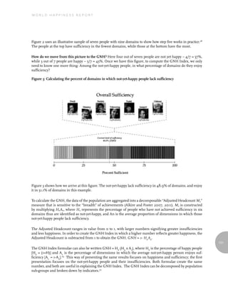 World Happiness report




Figure 2 uses an illustrative sample of seven people with nine domains to show how step five works in practice.28
The people at the top have sufficiency in the fewest domains, while those at the bottom have the most.

How do we move from this picture to the GNH? Here four out of seven people are not yet happy – 4/7 = 57%,
while 3 out of 7 people are happy – 3/7 = 43%. Once we have this figure, to compute the GNH Index, we only
need to know one more thing: Among the not-yet-happy people, in what percentage of domains do they enjoy
sufficiency?

Figure 3: Calculating the percent of domains in which not-yet-happy people lack sufficiency




Figure 3 shows how we arrive at this figure. The not-yet-happy lack sufficiency in 48.9% of domains, and enjoy
it in 51.1% of domains in this example.

To calculate the GNH, the data of the population are aggregated into a decomposable “Adjusted Headcount M0”
measure that is sensitive to the “breadth” of achievements (Alkire and Foster 2007, 2011). M0 is constructed
by multiplying HnAn, where Hn represents the percentage of people who have not achieved sufficiency in six
domains thus are identified as not-yet-happy, and An is the average proportion of dimensions in which those
not-yet-happy people lack sufficiency.

The Adjusted Headcount ranges in value from 0 to 1, with larger numbers signifying greater insufficiencies
and less happiness. In order to create the GNH Index in which a higher number reflects greater happiness, the
Adjusted Headcount is subtracted from 1 to obtain the GNH. GNH = 1- HnAn.
                                                                                                                    131
The GNH Index formulae can also be written GNH = Hh (Hn x As), where Hh is the percentage of happy people
[Hh = (1=H)] and As is the percentage of dimensions in which the average not-yet-happy person enjoys suf-
ficiency [As = 1-An].29 This way of presenting the same results focuses on happiness and sufficiency; the first
presentation focuses on the not-yet-happy people and their insufficiencies. Both formulae create the same
number, and both are useful in explaining the GNH Index. The GNH Index can be decomposed by population
sub-groups and broken down by indicators.30
 