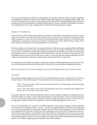a two-way interaction between the factor and happiness. For example, education affects a person’s happiness,
     but happiness also affects the ability to learn. Likewise health affects happiness and happiness affects health. That
     is why, in the diagram above, arrows run from personal and external factors towards happiness (one direction of
     causality) but also run from happiness to health, education and so on (reverse causality). In what follows, we discuss
     each individual factor one by one, including (where it exists) the two-way workings of causality.



     Types of Evidence
     On every factor we offer a wide range of evidence. To isolate the causal effect of each factor is not easy. It clearly
     requires us to hold as much else as possible constant while we look at the co-movement of well-being and the
     factor in question. In most cases this cannot be done experimentally. So the next best is to study the same
     individuals (or countries) over time and see how their well-being moves when different factors change. Much
     of the evidence we shall quote is of this longitudinal, time-series form.


     But some insights can also be got from cross-sectional evidence. In this case we are comparing different individuals
     (or countries) at the same point in time. The problem here is that, when we compare individuals or countries, there
     are many ways in which they may differ (for example in personality or values) that cannot easily be measured and
     controlled for when we are examining the effect of those factors that can be measured. But when we have
     longitudinal data on the same person or the same country we can assume that these unmeasured factors are more
     similar at each observation, and may have a better chance of tying down what is causing what.3


     As a background to what follows we include in Appendix A standard individual happiness equations using two well-
     known sets of panel data and the World Values Survey. We give both cross-sectional and longitudinal estimates.


     We can now review the main causes of happiness one by one.4 We begin with the more “external” causes.


     Income
     Does economic growth improve the human lot? In 1974 Richard Easterlin wrote a seminal article on what has
     become known as the Easterlin paradox. He presented evidence of two apparently contradictory phenomena.

              “Fact 1” At a point in time within any society, richer people are on average happier than poorer people
              (a cross-sectional “fact”).
              “Fact 2” Over time within many societies, the population does not on average become happier when
              the country’s income rises (a time-series “fact”).

     To reconcile Facts No 1 and 2 Easterlin proposed the relative income hypothesis. People are comparing themselves
     with other people: it is relative income rather than absolute income that matters. Thus at any particular point
     in time richer people would compare favorably with poorer people (explaining “Fact No 1”). But over time,
     the aggregate of relative income in the population remains constant (thusexplaining “Fact No 2”).
60

     There is no doubt that Fact No 1 is correct. In multiple regressions, income always emerges as a factor explaining
     the variation in life satisfaction within a country – not the most important factor (see below) but an important
     one. It is also now possible to tie down quite closely the functional form of that relationship. It is well described
     by a logarithmic form where the absolute level of life satisfaction varies linearly with the logarithm of income.5
     This means that, for example, an extra dollar increases the satisfaction of a poor person by 10 times as much as it
     increases the satisfaction of a person who is 10 times richer. For centuries people have intuitively believed in the
     “diminishing marginal utility of income” but happiness research now provides empirical estimates that policy-
     makers can use when considering the distributional impact of their policies.
 