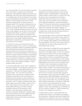 World Happiness Report 2019
(see Technical Box 1 for how the affect measures
are constructed). In general, the emotional
measures, and especially negative emotions, are
differently, and much less fully, explained by the
six variables than are life evaluations. Per-capita
income and healthy life expectancy have significant
effects on life evaluations, but not, in these
national average data, on either positive or
negative affect. The situation changes when we
consider social variables. Bearing in mind that
positive and negative affect are measured on a
0 to 1 scale, while life evaluations are on a 0 to 10
scale, social support can be seen to have similar
proportionate effects on positive and negative
emotions as on life evaluations. Freedom and
generosity have even larger influences on positive
affect than on the ladder. Negative affect is
significantly reduced by social support, freedom,
and absence of corruption.
In the fourth column we re-estimate the life
evaluation equation from column 1, adding both
positive and negative affect to partially implement
the Aristotelian presumption that sustained
positive emotions are important supports for a
good life.13
The most striking feature is the extent to
which the results buttress a finding in psychology
that the existence of positive emotions matters
much more than the absence of negative ones.14
Positive affect has a large and highly significant
impact in the final equation of Table 2.1, while
negative affect has none.
As for the coefficients on the other variables in
the final equation, the changes are material only
on those variables – especially freedom and
generosity – that have the largest impacts on
positive affect. Thus we infer that positive
emotions play a strong role in support of life
evaluations, and that much of the impact of
freedom and generosity on life evaluations is
channeled through their influence on positive
emotions. That is, freedom and generosity have
large impacts on positive affect, which in turn
has a major impact on life evaluations. The
Gallup World Poll does not have a widely
available measure of life purpose to test
whether it too would play a strong role in
support of high life evaluations. However, data
from large samples of UK do suggest that life
purpose plays a strongly supportive role,
independent of the roles of life circumstances
and positive emotions.
Our country rankings in Figure 2.7 show life
evaluations (the average answer to the Cantril
ladder question, asking people to evaluate the
quality of their current lives on a scale of 0 to 10)
for each country, averaged over the years
2016-2018. Not every country has surveys in
every year; the total sample sizes are reported
in the statistical appendix, and are reflected in
Figure 2.7 by the horizontal lines showing the 95%
confidence intervals. The confidence intervals are
tighter for countries with larger samples. To
increase the number of countries ranked, we also
include three countries that did have surveys in
2015 but have not had one since.15
The overall length of each country bar represents
the average ladder score, which is also shown in
numerals. The rankings in Figure 2.7 depend only
on the average Cantril ladder scores reported by
the respondents, and not on the values of the six
variables that we use to help account for the
large differences we find.
Each of these bars is divided into seven segments,
showing our research efforts to find possible
sources for the ladder levels. The first six sub-bars
show how much each of the six key variables is
calculated to contribute to that country’s ladder
score, relative to that in a hypothetical country
called Dystopia, so named because it has values
equal to the world’s lowest national averages for
2016-2018 for each of the six key variables used
in Table 2.1. We use Dystopia as a benchmark
against which to compare contributions from
each of the six factors. The choice of Dystopia as
a benchmark permits every real country to have
a positive (or at least zero) contribution from
each of the six factors. We calculate, based on
the estimates in the first column of Table 2.1, that
Dystopia had a 2016-2018 ladder score equal to
1.88 on the 0 to 10 scale. The final sub-bar is the
sum of two components: the calculated average
2016-2018 life evaluation in Dystopia (=1.88) and
each country’s own prediction error, which
measures the extent to which life evaluations are
higher or lower than predicted by our equation in
the first column of Table 2.1. These residuals are
as likely to be negative as positive.16
It might help to show in more detail how we
calculate each factor’s contribution to average
life evaluations. Taking the example of healthy life
expectancy, the sub-bar in the case of Tanzania
is equal to the number of years by which healthy
 