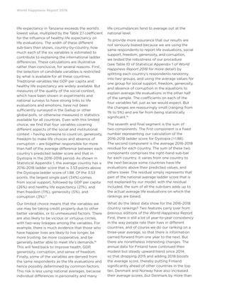 World Happiness Report 2019
life expectancy in Tanzania exceeds the world’s
lowest value, multiplied by the Table 2.1 coefficient
for the influence of healthy life expectancy on
life evaluations. The width of these different
sub-bars then shows, country-by-country, how
much each of the six variables is estimated to
contribute to explaining the international ladder
differences. These calculations are illustrative
rather than conclusive, for several reasons. First,
the selection of candidate variables is restricted
by what is available for all these countries.
Traditional variables like GDP per capita and
healthy life expectancy are widely available. But
measures of the quality of the social context,
which have been shown in experiments and
national surveys to have strong links to life
evaluations and emotions, have not been
sufficiently surveyed in the Gallup or other
global polls, or otherwise measured in statistics
available for all countries. Even with this limited
choice, we find that four variables covering
different aspects of the social and institutional
context – having someone to count on, generosity,
freedom to make life choices and absence of
corruption – are together responsible for more
than half of the average difference between each
country’s predicted ladder score and that in
Dystopia in the 2016-2018 period. As shown in
Statistical Appendix 1, the average country has a
2016-2018 ladder score that is 3.53 points above
the Dystopia ladder score of 1.88. Of the 3.53
points, the largest single part (34%) comes
from social support, followed by GDP per capita
(26%) and healthy life expectancy (21%), and
then freedom (11%), generosity (5%), and
corruption (3%).17
Our limited choice means that the variables we
use may be taking credit properly due to other
better variables, or to unmeasured factors. There
are also likely to be vicious or virtuous circles,
with two-way linkages among the variables. For
example, there is much evidence that those who
have happier lives are likely to live longer, be
more trusting, be more cooperative, and be
generally better able to meet life’s demands.18
This will feed back to improve health, GDP,
generosity, corruption, and sense of freedom.
Finally, some of the variables are derived from
the same respondents as the life evaluations and
hence possibly determined by common factors.
This risk is less using national averages, because
individual differences in personality and many
life circumstances tend to average out at the
national level.
To provide more assurance that our results are
not seriously biased because we are using the
same respondents to report life evaluations, social
support, freedom, generosity, and corruption,
we tested the robustness of our procedure
(see Table 10 of Statistical Appendix 1 of World
Happiness Report 2018 for more detail) by
splitting each country’s respondents randomly
into two groups, and using the average values for
one group for social support, freedom, generosity,
and absence of corruption in the equations to
explain average life evaluations in the other half
of the sample. The coefficients on each of the
four variables fall, just as we would expect. But
the changes are reassuringly small (ranging from
1% to 5%) and are far from being statistically
significant.19
The seventh and final segment is the sum of
two components. The first component is a fixed
number representing our calculation of the
2016-2018 ladder score for Dystopia (=1.88).
The second component is the average 2016-2018
residual for each country. The sum of these two
components comprises the right-hand sub-bar
for each country; it varies from one country to
the next because some countries have life
evaluations above their predicted values, and
others lower. The residual simply represents that
part of the national average ladder score that is
not explained by our model; with the residual
included, the sum of all the sub-bars adds up to
the actual average life evaluations on which the
rankings are based.
What do the latest data show for the 2016-2018
country rankings? Two features carry over from
previous editions of the World Happiness Report.
First, there is still a lot of year-to-year consistency
in the way people rate their lives in different
countries, and of course we do our ranking on a
three-year average, so that there is information
carried forward from one year to the next. But
there are nonetheless interesting changes. The
annual data for Finland have continued their
modest but steady upward trend since 2014,
so that dropping 2015 and adding 2018 boosts
the average score, thereby putting Finland
significantly ahead of other countries in the top
ten. Denmark and Norway have also increased
their average scores, but Denmark by more than
 