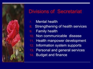 Divisions of Secretariat
7.

8.
9.
10.
11.
12.
13.
14.

Mental health
Strengthening of health services
Family health
Non communicable disease
Health manpower development
Information system supports
Personal and general services
Budget and finance

 