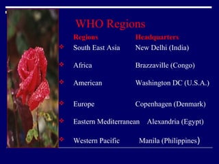 WHO Regions


Regions
South East Asia

Headquarters
New Delhi (India)



Africa

Brazzaville (Congo)



American

Washington DC (U.S.A.)



Europe

Copenhagen (Denmark)



Eastern Mediterranean Alexandria (Egypt)



Western Pacific

Manila (Philippines)

 