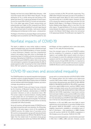 Globally, men have lost a total of 196.9 million life-years – 42%
more than women who lost 140.0 million life-years. The age
distribution of YLL is similar among men and women at the
global level where YLL in age groups between 45 and 74 years
account for around 70% of total YLL for both men and women.
YLL in the oldest ages above 75 years among women are
proportionally much higher at 21%, compared to just 15% for
men, reflecting a higher probability of survival to ages beyond
75 years and a lower level of mortality – both excess mortality
and background mortality due to other causes – among women.
The Region of the Americas, European Region and South-East
Asia Region each accounted for over 15% of the global YLL due
to excess mortality at 21%, 17% and 44%, respectively. Thus,
278.8 million life-years have been lost due to the pandemic in
these three regions alone. More YLL due to excess mortality
occurred among men in all WHO regions. However, the ratio
of YLL among men relative to women was more than 1.5 in the
Western Pacific Region, in the Region of Americas and in the
Eastern Mediterranean Region, while it is less than 1.3 in the
other regions. The age distribution of YLL by sex is remarkably
similar between the regions, as we observe at the global level,
except in the Western Pacific Region where men and women
in the age groups between 75 and 84 years saw negative YLL.
Nonfatal impacts of COVID-19
This report, in addition to many similar studies at national,
regional and global levels, aims to provide a detailed portrayal
of the impact of the COVID-19 pandemic on human mortality
in various dimensions. However, much less comprehensive
research and analysis have been done to disentangle the
long-lasting impact of nonfatal outcomes among people who
have been infected by the COVID-19 virus. Commonly known as
long COVID, the post-COVID-19 condition refers to the various
mid- and long-term symptoms that approximately 10–20% of
people experience after recovering from their initial COVID-19
illness (15). Such symptoms, including cognitive dysfunction
and fatigue, can have a significant, and in some cases severe,
impact on one’s daily life and productivity.
Given the emergent nature of the post-COVID-19 condition
and the complexity of its symptoms, no specific treatment
regimen is yet available. More research needs to be done in
the coming years to assess the underlying mechanisms of such
symptoms and the true disease burden associated with the
nonfatal outcome of long COVID. Until then, it is important to
stress the importance of public health interventions to prevent
COVID-19 infections and its associated post-acute sequalae.
COVID-19 vaccines and associated inequality
The COVID-19 pandemic has exposed inequalities both between
and within countries, including inequalities in access to COVID-19
vaccines. As of March 2023, about 13 billion doses of COVID-19
vaccines had been administered globally. However, vaccination
coverage vary greatly by country (11).
The Global COVID-19 Trends and Impact Survey conducted
by the University of Maryland Social Data Science Center
in partnership with Facebook, collected data on COVID-19
vaccination indicators as well as educational status (16).
This survey is subject to several limitations, including inability
to reach people who are not Facebook users, sampling and
weighting issues, response bias and missing data. The estimates
shown here are not official WHO estimates and are not directly
comparable with official estimates.
Across all countries, self-reported receipt of COVID-19 vaccine
was higher among those with more education. As of December
2021, still in the early stages in terms of the availability of
COVID-19 vaccines, the median level of vaccination across
90 countries among population groups with educational levels
above secondary education was 79.1% (UI: 75.6–82.4%). This was
higher than the median level of vaccination among groups
with secondary education which was 71.4% (UI: 67.4–76.1%) or
groups with no or primary education at 67.7% (UI: 60.0–73.0%).
This stepwise pattern was also evident across high-income
countries (HICs) where median vaccination levels across the
most-to-least educated groups were 87.4% (UI: 83.4–89.0%),
83.8% (UI: 78.8–86.0%) and 81.0% (UI: 78.3–87.1%), respectively,
and across upper-middle-income countries (UMICs) where
median vaccination levels across the most-to-least educated
groups were 75.5% (UI: 68.1–82.1%), 66.7% (UI: 58.8–73.9%) and
57.6% (UI: 52.5–72.3%), respectively. In low-income countries
(LICs) and lower-middle-income countries (LMICs), the median
self-reported receipt of a COVID-19 vaccine was higher among
the most educated group at 63.9% (UI: 53.0–75.6%) and equally
low in the two less educated groups (51%) (17).
Populations in LICs and LMICs were more likely to report
experiencing a structural barrier to vaccination [median across
28 countries: 34.6% (UI: 29.3–38.9)] – such as not meeting
eligibility requirements, availability or accessibility issues or
lack of information – than populations in UMICs [median
across 29 countries: 24.0% (UI: 21.5–29.9)] or populations in
HICs [median across 33 countries: 15.0% (UI: 14.1–17.1)].
Among unvaccinated populations, vaccine hesitancy was lower
in HICs than in UMICs, LMICs and LICs. However, vaccine
22
World health statistics 2023 – Monitoring health for the SDGs
 