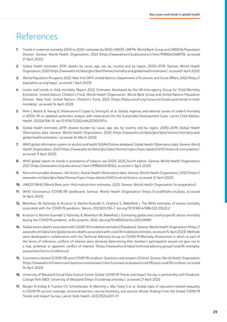 References
1. Trends in maternal mortality 2000 to 2020: estimates by WHO, UNICEF, UNFPA, World Bank Group and UNDESA/Population
Division. Geneva: World Health Organization; 2023 (https://www.who.int/publications/i/item/9789240068759, accessed
21 April 2023).
2. Global health estimates 2019: deaths by cause, age, sex, by country and by region, 2000–2019. Geneva: World Health
Organization; 2020 (https://www.who.int/data/gho/data/themes/mortality-and-global-health-estimates/, accessed 1 April 2023).
3. World Population Prospects 2022. New York (NY): United Nations, Department of Economic and Social Affairs; 2022 (https://
population.un.org/wpp/, accessed 1 April 2023).
4. Levels and trends in child mortality. Report 2022. Estimates developed by the UN Inter-agency Group for Child Mortality
Estimation. United Nations Children’s Fund, World Health Organization, World Bank Group and United Nations Population
Division. New York: United Nations Children’s Fund; 2023 (https://data.unicef.org/resources/levels-and-trends-in-child-
mortality/, accessed 14 April 2023).
5. Perin J, Mulick A, Yeung D, Villavicencio F, Lopez G, Strong KL et al. Global, regional, and national causes of under-5 mortality
in 2000–19: an updated systematic analysis with implications for the Sustainable Development Goals. Lancet Child Adolesc
Health. 2022;6:106–15. doi:10.1016/S2352-4642(21)00311-4.
6. Global health estimates 2019: disease burden by cause, age, sex, by country and by region, 2000–2019. Global Health
Observatory data. Geneva: World Health Organization; 2020 (https://www.who.int/data/gho/data/themes/mortality-and-
global-health-estimates/, accessed 24 March 2023).
7. WHO global information system on alcohol and health (GISAH) [online database]. Global Health Observatory data. Geneva: World
Health Organization; 2022 (https://www.who.int/data/gho/data/themes/topics/topic-details/GHO/levels-of-consumption/,
accessed 11 April 2023).
8. WHO global report on trends in prevalence of tobacco use 2000–2025, fourth edition. Geneva: World Health Organization;
2021 (https://www.who.int/publications/i/item/9789240039322, accessed 4 April 2023).
9. Noncommunicable diseases: risk factors. Global Health Observatory data. Geneva: World Health Organization; 2022 (https://
www.who.int/data/gho/data/themes/topics/topic-details/GHO/ncd-risk-factors, accessed 12 April 2023).
10. UNICEF/WHO/World Bank joint child malnutrition estimates, 2023. Geneva: World Health Organization (in preparation).
11. WHO Coronavirus (COVID-19) dashboard. Geneva: World Health Organization (https://covid19.who.int/data, accessed
14 April 2023).
12. Msemburi W, Karlinsky A, Knutson V, Aleshin-Guendel S, Chatterji S, Wakefield J. The WHO estimates of excess mortality
associated with the COVID-19 pandemic. Nature. 2023;613:130–7. doi.org/10.1038/s41586-022-05522-2.
13. Knutson V, Aleshin-Guendel S, Karlinsky A, Msemburi W, Wakefield J. Estimating global and country-specific excess mortality
during the COVID-19 pandemic. arXiv preprint. 2022. doi.org/10.48550/arXiv.2205.09081.
14. Global excess deaths associated with COVID-19 (modelled estimates) (Database). Geneva: World Health Organization (https://
www.who.int/data/sets/global-excess-deaths-associated-with-covid-19-modelled-estimates, accessed 14 April 2023). Methods
were developed in collaboration with the Technical Advisory Group on COVID-19 Mortality Assessment in which as part of
the terms of reference, conflicts of interest were declared determining that member’s participation would not give rise to
a real, potential or apparent conflict of interest. (https://www.who.int/data/technical-advisory-group/covid-19--mortality-
assessment/terms-of-reference).
15. Coronavirus disease (COVID-19): post COVID-19 condition. Questions and answers (Online). Geneva: World Health Organization
(https://www.who.int/news-room/questions-and-answers/item/coronavirus-disease-(covid-19)-post-covid-19-condition, accessed
14 April 2023).
16. University of Maryland Social Data Science Center Global COVID-19 Trends and Impact Survey, in partnership with Facebook.
College Park (MD): University of Maryland (https://covidmap.umd.edu/, accessed 21 April 2023.
17. Bergen N, Kirkby K, Fuertes CV, Schlotheuber A, Menning L, Mac Feely S et al. Global state of education-related inequality
in COVID-19 vaccine coverage, structural barriers, vaccine hesitancy, and vaccine refusal: findings from the Global COVID-19
Trends and Impact Survey. Lancet Glob Health. 2023;11(2):e207–17.
29
Key issues and trends in global health
 