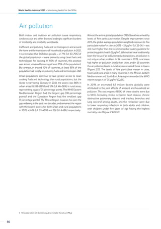 Air pollution
3 Particulate matter with diameters equal to or smaller than 2.5 μm (PM2.5
).
Both indoor and outdoor air pollution cause respiratory,
cardiovascular and other diseases, leading to significant burdens
of morbidity and mortality worldwide.
Inefficient and polluting fuels and technologies in and around
the home are the main source of household air pollution. In 2021,
it is estimated that 5.6 billion people – or 71% (UI: 67–75%) of
the global population – were primarily using clean fuels and
technologies for cooking. In 40% of countries, this practice
was almost universal (covering at least 95% of the population).
By contrast, in around 10% of countries, at least 95% of the
population had to rely on polluting fuels and technologies (32).
Urban populations continue to have greater access to clean
cooking fuels and technology than rural populations, but the
divide is narrowing. Globally in 2021, the access was 86% in
urban areas (UI: 83–89%) and 51% (UI: 46–56%) in rural areas,
representing a gap of 35 percentage points. The WHO Eastern
Mediterranean Region had the largest gap (38 percentage
points) and the European Region had the smallest gap
(7 percentage points). The African Region, however, has seen the
gap widening in the past two decades, and remained the region
with the lowest access for both urban and rural populations
in 2021, at 41% (UI: 37–45%) and 7% (UI: 6–8%) respectively.
Almost the entire global population (99%) breathes unhealthy
levels of fine particulate matter. Despite improvement since
2015, the global average population-weighted exposure to fine
particulate matter3
in cities in 2019 – 33 μg/m3
(UI: 32–34) – was
still much higher than the recommended air quality guideline for
protecting public health (5 μg/m3
). While cities have traditionally
been the focus of air pollution reduction policies, air pollution is
not only an urban problem. In 34 countries in 2019, rural areas
had higher air pollution levels than cities, and in 29 countries
the air pollution levels in rural areas exceeded those in towns
(Figure 2.15). The levels of fine particulate matter in cities,
towns and rural areas in many countries in the African, Eastern
Mediterranean and South-East Asia regions exceeded the WHO
interim target 4 of 35 μg/m3
(32,35).
In 2019, an estimated 6.7 million deaths globally were
attributed to the joint effects of ambient and household air
pollution. The vast majority (85%) of these deaths were due
to NCDs (including stroke, ischaemic heart disease, chronic
obstructive pulmonary disease, and trachea, bronchus and
lung cancers) among adults, and the remainder were due
to lower respiratory infections in both adults and children,
with children under five years of age having the highest
mortality rate (Figure 2.16) (32).
56
World health statistics 2023 – Monitoring health for the SDGs
 