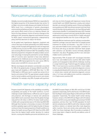 Noncommunicable diseases and mental health
Globally, noncommunicable diseases (NCDs) are responsible for
the highest proportion of the disease burden (see section 1.3
on Major noncommunicable diseases and related risk factors).
NCDs result from a combination of genetic, physiological,
environmental and behavioural factors; consequently, prevention
and control efforts tend to focus on reducing relevant risk
factors for these diseases. In terms of service coverage on the
pathway to UHC, preventive, diagnostic and treatment services
for NCDs require multisectoral approaches, underpinned by
policy and fiscal decisions to reduce risk factors.
At the global level, hypertension diagnostic, treatment and
control rates have increased substantially since 2000. However,
nearly one half of people with hypertension were not diagnosed
in 2019 and only around one fifth of those with hypertension
were receiving effective treatment (46). The availability of early
detection programmes strengthens the ability to detect cancers
at an early stage, increasing the potential for survival. Globally,
20% of countries were reported to have early detection
programmes for childhood cancers at the primary health care
level, while 38% had programmes for colon cancer, 59% for
breast cancer and 62% for cervical cancer (47).
Mental, neurological and substance use disorders accounted
for 10% of the global burden of disease (DALYs) and 25% of
years lived with disability in 2019 (48). More than 1 in 100
(1.3%) deaths in 2019 were due to suicide (see section 2.4 on
Injuries and violence) (24). The gap between people needing
care for mental conditions and those with access to care remains
substantial. For example, only 29% of people with psychosis
and only one third of people with depression receive formal
mental health care (49,50). Depression, anxiety, and conduct
disorders are among the leading causes of illness and disability
among adolescents (48). Intervening to prevent and treat these
mental disorders during adolescence can have lifelong health
and economic benefits. It is estimated that every US$ 1 invested
in interventions to prevent and treat mental disorders among
adolescents could return around US$ 24 in health, education
and employment benefits over the course of 80 years (51).
Although effective treatments exist for substance use disorders,
treatment coverage is very low. Fewer than 1 in 5 people receive
treatment for alcohol use disorders – less than 1 in 10 in in
low- and lower-middle-income countries (52) – and about 1 in
8 of those with drug use disorders (53). Even fewer people
with substance use disorders receive minimally adequate
treatment: only about 7% globally and 1% in low- and lower-
middle income countries (54).
Approximately 70% of people with neurological disorders
live in low- and middle-income countries (55), where health
systems are ill-equipped to deal with this challenge, resulting
in a large treatment gap. Treatment gaps for epilepsy exceed
75% in most low-income countries and 50% in most middle-
income countries (56). Access to dementia diagnostic services
is unequally distributed within and across countries, with rural
or remote areas covered with dementia diagnostic services
only in 1 in 4 low- and middle-income countries, compared to
2 in 3 high-income countries (57).
Health service capacity and access
Progress toward UHC depends on the availability, accessibility,
acceptability and quality of the health workforce. Current
challenges include maldistribution, inefficiencies, lack of support
and protection, and shortages at national and subnational
levels (58). A recent assessment shows that the global shortage
reduced from 20 million in 2013 to 15 million health workers
in 2020, with a projected decrease to 10 million by 2030 (59).
Although there has been a tremendous increase in the health
workforce globally, regions with the highest burden of disease
continue to have the lowest proportion of health workforce to
deliver the health services (Figure 2.21). Data from 2014–2021
show that the highest health worker densities for medical
doctors, nursing and midwifery personnel and dentists are in
the WHO European Region at 36.6, 83.4 and 6.2 per 10 000
population respectively, and for pharmacists in the WHO South-
East Asia Region and European Region at 6.6 and 6.5 per 10 000
population respectively. The lowest health worker density,
however, remains in the WHO African Region with 2.9 medical
doctors and 12.9 nursing and midwifery personnel per 10 000
population, and less than 1 per 10 000 population for both
dentists and pharmacists (60). As with other indicators, health
workforce statistics at national level often mask disparities
within countries. Rural and remote areas particularly often
suffer from these challenges. Box 2.5 provides an example of
recent steps taken in Nepal to identify and address some of
these challenges.
64
World health statistics 2023 – Monitoring health for the SDGs
 