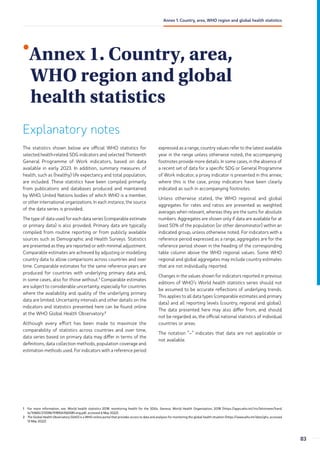•
Annex 1. Country, area,
WHO region and global
health statistics
Explanatory notes
1 For more information, see: World health statistics 2018: monitoring health for the SDGs. Geneva: World Health Organization; 2018 (https://apps.who.int/iris/bitstream/hand
le/10665/272596/9789241565585-eng.pdf, accessed 6 May 2022).
2 The Global Health Observatory (GHO) is a WHO online portal that provides access to data and analyses for monitoring the global health situation (https://www.who.int/data/gho, accessed
13 May 2022).
The statistics shown below are official WHO statistics for
selected health-related SDG indicators and selected Thirteenth
General Programme of Work indicators, based on data
available in early 2023. In addition, summary measures of
health, such as (healthy) life expectancy and total population,
are included. These statistics have been compiled primarily
from publications and databases produced and maintained
by WHO, United Nations bodies of which WHO is a member,
or other international organizations. In each instance, the source
of the data series is provided.
The type of data used for each data series (comparable estimate
or primary data) is also provided. Primary data are typically
compiled from routine reporting or from publicly available
sources such as Demographic and Health Surveys. Statistics
are presented as they are reported or with minimal adjustment.
Comparable estimates are achieved by adjusting or modelling
country data to allow comparisons across countries and over
time. Comparable estimates for the same reference years are
produced for countries with underlying primary data and,
in some cases, also for those without.1
Comparable estimates
are subject to considerable uncertainty, especially for countries
where the availability and quality of the underlying primary
data are limited. Uncertainty intervals and other details on the
indicators and statistics presented here can be found online
at the WHO Global Health Observatory.2
Although every effort has been made to maximize the
comparability of statistics across countries and over time,
data series based on primary data may differ in terms of the
definitions, data collection methods, population coverage and
estimation methods used. For indicators with a reference period
expressed as a range, country values refer to the latest available
year in the range unless otherwise noted; the accompanying
footnotes provide more details. In some cases, in the absence of
a recent set of data for a specific SDG or General Programme
of Work indicator, a proxy indicator is presented in this annex;
where this is the case, proxy indicators have been clearly
indicated as such in accompanying footnotes.
Unless otherwise stated, the WHO regional and global
aggregates for rates and ratios are presented as weighted
averages when relevant, whereas they are the sums for absolute
numbers. Aggregates are shown only if data are available for at
least 50% of the population (or other denominator) within an
indicated group, unless otherwise noted. For indicators with a
reference period expressed as a range, aggregates are for the
reference period shown in the heading of the corresponding
table column above the WHO regional values. Some WHO
regional and global aggregates may include country estimates
that are not individually reported.
Changes in the values shown for indicators reported in previous
editions of WHO’s World health statistics series should not
be assumed to be accurate reflections of underlying trends.
This applies to all data types (comparable estimates and primary
data) and all reporting levels (country, regional and global).
The data presented here may also differ from, and should
not be regarded as, the official national statistics of individual
countries or areas.
The notation “–“ indicates that data are not applicable or
not available.
83
Annex 1. Country, area, WHO region and global health statistics
 