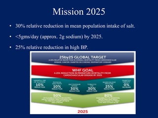 Mission 2025 
• 30% relative reduction in mean population intake of salt. 
• <5gms/day (approx. 2g sodium) by 2025. 
• 25% relative reduction in high BP. 
 