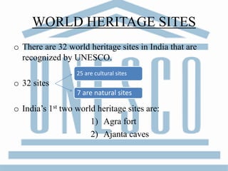 WORLD HERITAGE SITES
o There are 32 world heritage sites in India that are
recognized by UNESCO.
o 32 sites
o India’s 1st two world heritage sites are:
1) Agra fort
2) Ajanta caves
25 are cultural sites
7 are natural sites
 