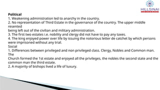 Political
1. Weakening administration led to anarchy in the country.
2. No representation of Third Estate in the governance of the country. The upper middle
resented
being left out of the civilian and military administration.
3. The first two estates i.e. nobility and clergy did not have to pay any taxes.
4. The king enjoyed power over life by issuing the notorious letter de catchet by which persons
were imprisoned without any trial.
Social
1. Differences between privileged and non privileged class. Clergy, Nobles and Common man.
The
Church formed the 1st estate and enjoyed all the privileges, the nobles the second state and the
common man the third estate.
2. A majority of bishops lived a life of luxury.
 