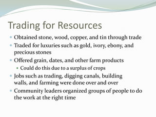 Trading for Resources
 Obtained stone, wood, copper, and tin through trade
 Traded for luxuries such as gold, ivory, ebony, and
  precious stones
 Offered grain, dates, and other farm products
   Could do this due to a surplus of crops
 Jobs such as trading, digging canals, building
  walls, and farming were done over and over
 Community leaders organized groups of people to do
  the work at the right time
 