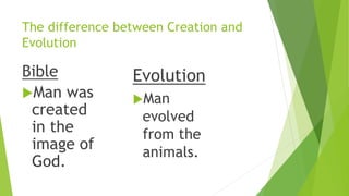The difference between Creation and
Evolution
Bible
Man was
created
in the
image of
God.
Evolution
Man
evolved
from the
animals.
 