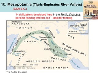 10. Mesopotamia (Tigris-Euphrates River Valleys)
(3200 B.C.)
1st civilizations developed here in the Fertile Crescent.
periodic flooding left rich soil – ideal for farming

 