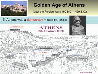 Golden Age of Athens
(after the Persian Wars 460 B.C. – 429 B.C.)

15. Athens was a democracy – ruled by Pericles

 