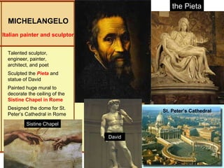 the Pieta
MICHELANGELO
Italian painter and sculptor
Talented sculptor,
engineer, painter,
architect, and poet
Sculpted the Pieta and
statue of David
Painted huge mural to
decorate the ceiling of the
Sistine Chapel in Rome
Designed the dome for St.
Peter’s Cathedral in Rome

St. Peter’s Cathedral

Sistine Chapel
David

 
