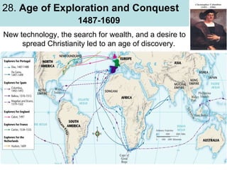 28. Age of Exploration and Conquest
1487-1609
New technology, the search for wealth, and a desire to
spread Christianity led to an age of discovery.

 
