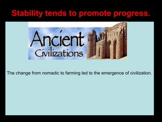 Stability tends to promote progress.

The change from nomadic to farming led to the emergence of civilization.

 
