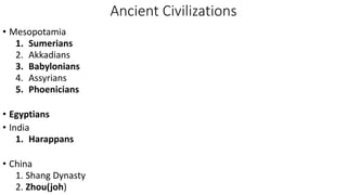 Ancient Civilizations
• Mesopotamia
1. Sumerians
2. Akkadians
3. Babylonians
4. Assyrians
5. Phoenicians
• Egyptians
• India
1. Harappans
• China
1. Shang Dynasty
2. Zhou(joh)
 