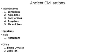 Ancient Civilizations
• Mesopotamia
1. Sumerians
2. Akkadians
3. Babylonians
4. Assyrians
5. Phoenicians
• Egyptians
• India
1. Harappans
• China
1. Shang Dynasty
2. Zhou(joh)
 