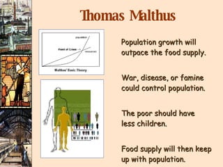 Thomas Malthus Population growth will outpace the food supply. War, disease, or famine could control population. The poor should have  less children. Food supply will then keep up with population. 