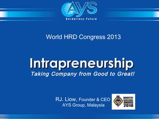 World HRD Congress 2013
IntrapreneurshipIntrapreneurship
Taking Company from Good to Great!
RJ. Liow, Founder & CEO
AYS Group, Malaysia
 
