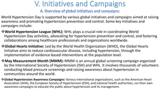 World Hypertension Day is supported by various global initiatives and campaigns aimed at raising
awareness and promoting hypertension prevention and control. Some key initiatives and
campaigns include:
vWorld Hypertension League (WHL): WHL plays a crucial role in coordinating World
Hypertension Day activities, advocating for hypertension prevention and control, and fostering
collaborations among healthcare professionals and organizations worldwide.
vGlobal Hearts Initiative: Led by the World Health Organization (WHO), the Global Hearts
Initiative aims to reduce cardiovascular disease, including hypertension, through the
implementation of evidence-based interventions at the population level.
vMay Measurement Month (MMM): MMM is an annual global screening campaign organized
by the International Society of Hypertension (ISH) and WHL. It involves thousands of volunteers
conducting blood pressure screenings and raising awareness about hypertension in
communities around the world.
vGlobal Hypertension Awareness Campaigns: Various international organizations, such as the American Heart
Association (AHA), the European Society of Hypertension (ESH), and national health authorities, run their own
awareness campaigns to educate the public about hypertension and its management.
 
