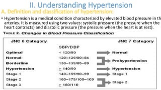 • Hypertension is a medical condition characterized by elevated blood pressure in th
arteries. It is measured using two values: systolic pressure (the pressure when the
heart contracts) and diastolic pressure (the pressure when the heart is at rest).
 