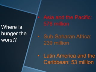 • Asia and the Pacific:
               578 million
Where is
hunger the
             • Sub-Saharan Africa:
worst?
               239 million

             • Latin America and the
               Caribbean: 53 million
 