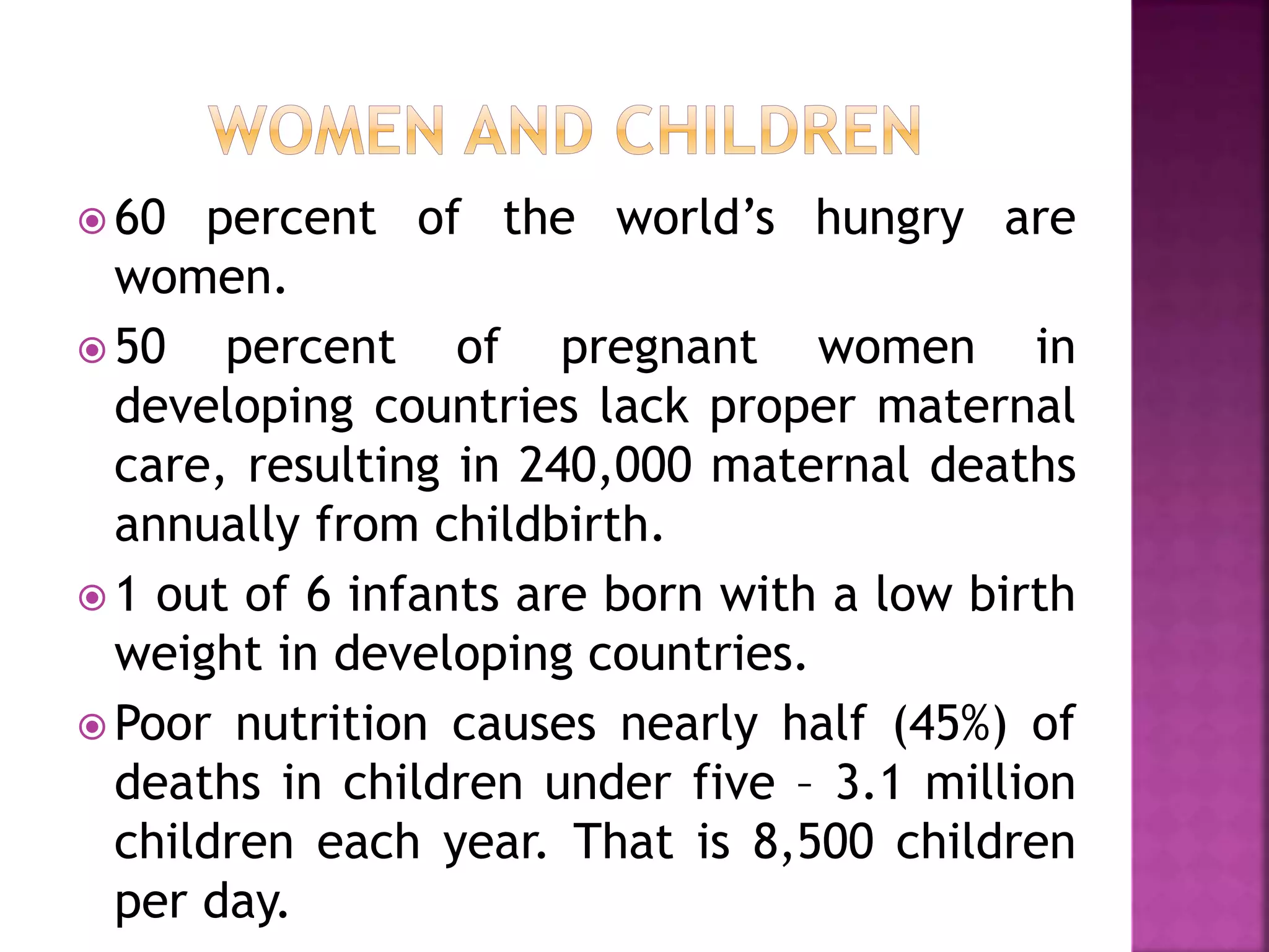  60 percent of the world’s hungry are
women.
 50 percent of pregnant women in
developing countries lack proper maternal
care, resulting in 240,000 maternal deaths
annually from childbirth.
 1 out of 6 infants are born with a low birth
weight in developing countries.
 Poor nutrition causes nearly half (45%) of
deaths in children under five – 3.1 million
children each year. That is 8,500 children
per day.
 