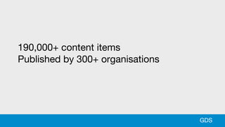 190,000+ content items
Published by 300+ organisations
GDS
 