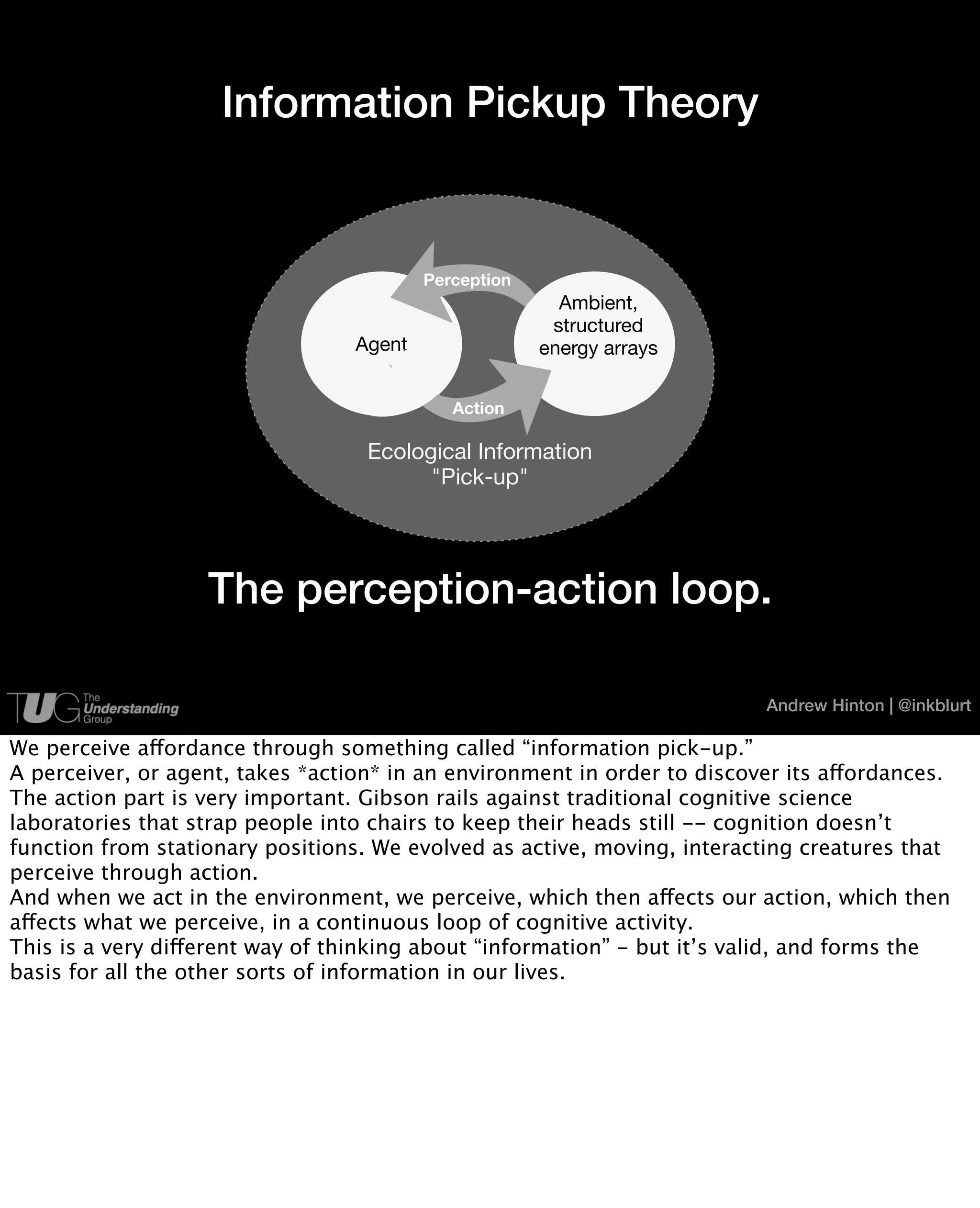 Information Pickup Theory


                                          Perception
                                                         Ambient,
                                                        structured
                                  Agent                energy arrays


                                             Action

                                   Ecological Information
                                         "Pick-up"




                   The perception-action loop.

                                                                          Andrew Hinton | @inkblurt

We perceive affordance through something called “information pick-up.”
A perceiver, or agent, takes *action* in an environment in order to discover its affordances.
The action part is very important. Gibson rails against traditional cognitive science
laboratories that strap people into chairs to keep their heads still -- cognition doesn’t
function from stationary positions. We evolved as active, moving, interacting creatures that
perceive through action.
And when we act in the environment, we perceive, which then affects our action, which then
affects what we perceive, in a continuous loop of cognitive activity.
This is a very different way of thinking about “information” - but it’s valid, and forms the
basis for all the other sorts of information in our lives.
 