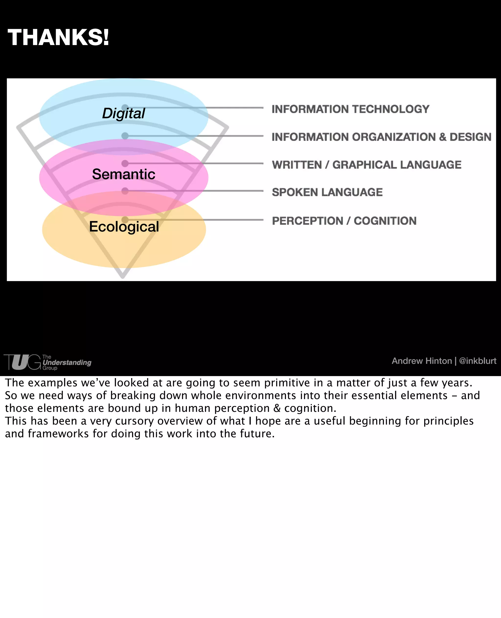 THANKS!


                  Digital



                Semantic


               Ecological




                                                                         Andrew Hinton | @inkblurt

The examples we’ve looked at are going to seem primitive in a matter of just a few years.
So we need ways of breaking down whole environments into their essential elements - and
those elements are bound up in human perception & cognition.
This has been a very cursory overview of what I hope are a useful beginning for principles
and frameworks for doing this work into the future.
 