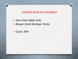 Colegio nicolas esguerra
O Jhon Davis Bello Ortiz
O Brayan David Buitrago Torres
O Curso: 804
 