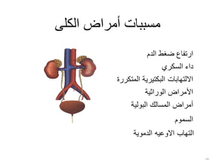 16
‫الكلى‬ ‫أمراض‬ ‫مسببات‬
‫الوراثية‬ ‫األمراض‬
‫الدم‬ ‫ضغط‬ ‫ارتفاع‬
‫السكري‬ ‫داء‬
‫البولية‬ ‫المسالك‬ ‫أمراض‬
‫المتكررة‬ ‫البكتيرية‬ ‫االلتهابات‬
‫السموم‬
‫الدموية‬ ‫االوعيه‬ ‫التهاب‬
 