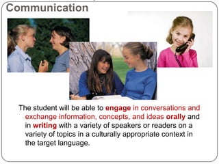 Communication




  The student will be able to engage in conversations and
    exchange information, concepts, and ideas orally and
    in writing with a variety of speakers or readers on a
    variety of topics in a culturally appropriate context in
    the target language.
 