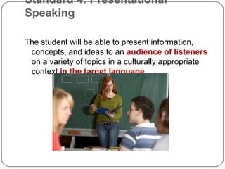 Standard 4: Presentational
Speaking

The student will be able to present information,
 concepts, and ideas to an audience of listeners
 on a variety of topics in a culturally appropriate
 context in the target language.
 