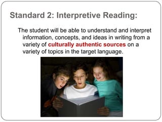 Standard 2: Interpretive Reading:
  The student will be able to understand and interpret
   information, concepts, and ideas in writing from a
   variety of culturally authentic sources on a
   variety of topics in the target language.
 