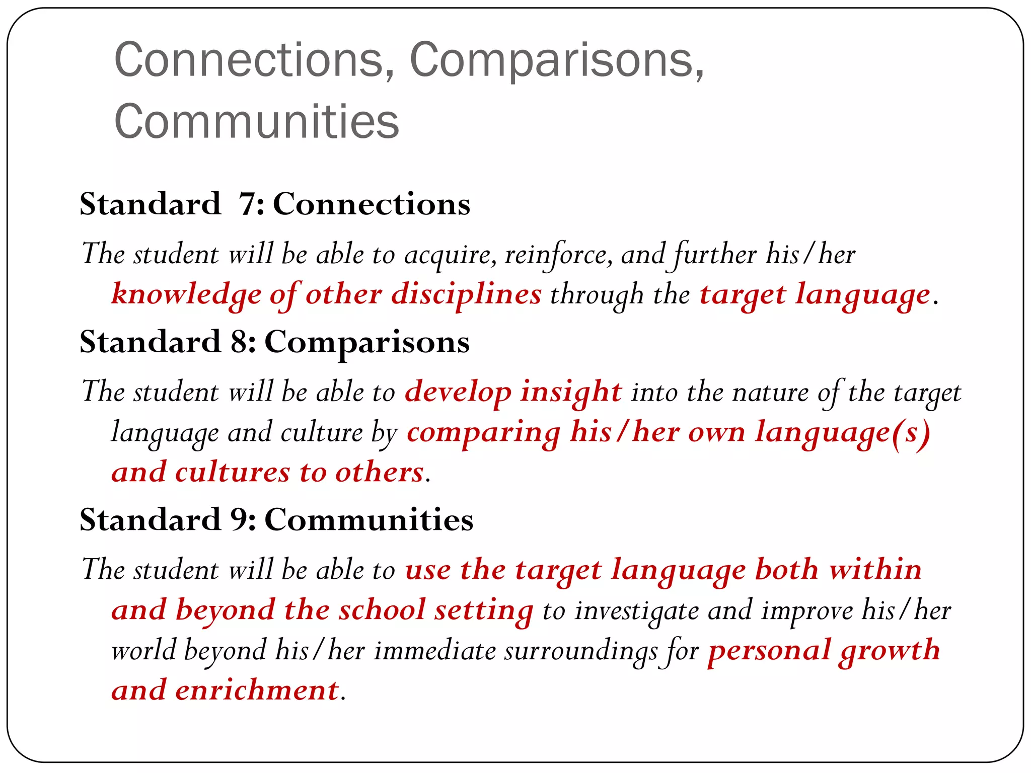 Connections, Comparisons,
  Communities
Standard 7: Connections
The student will be able to acquire, reinforce, and further his/her
  knowledge of other disciplines through the target language.
Standard 8: Comparisons
The student will be able to develop insight into the nature of the target
  language and culture by comparing his/her own language(s)
  and cultures to others.
Standard 9: Communities
The student will be able to use the target language both within
  and beyond the school setting to investigate and improve his/her
  world beyond his/her immediate surroundings for personal growth
  and enrichment.
 