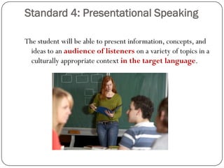 Standard 4: Presentational Speaking

The student will be able to present information, concepts, and
  ideas to an audience of listeners on a variety of topics in a
  culturally appropriate context in the target language.
 
